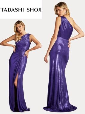TADASHI SHOJI Gaelia One Shoulder Draped Metallic Gown